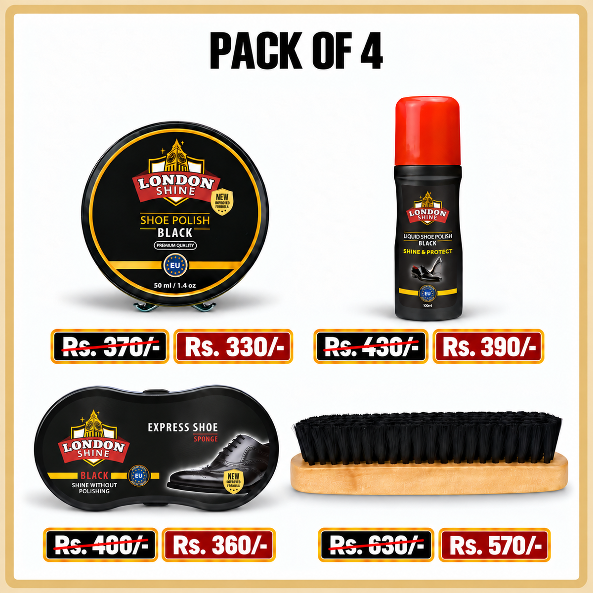 Pack of 4 Wax Shoe Polish (50ml) , Liquid Shoe Polish Black , Express Shoe Shine Sponge , Large Shoe Brush