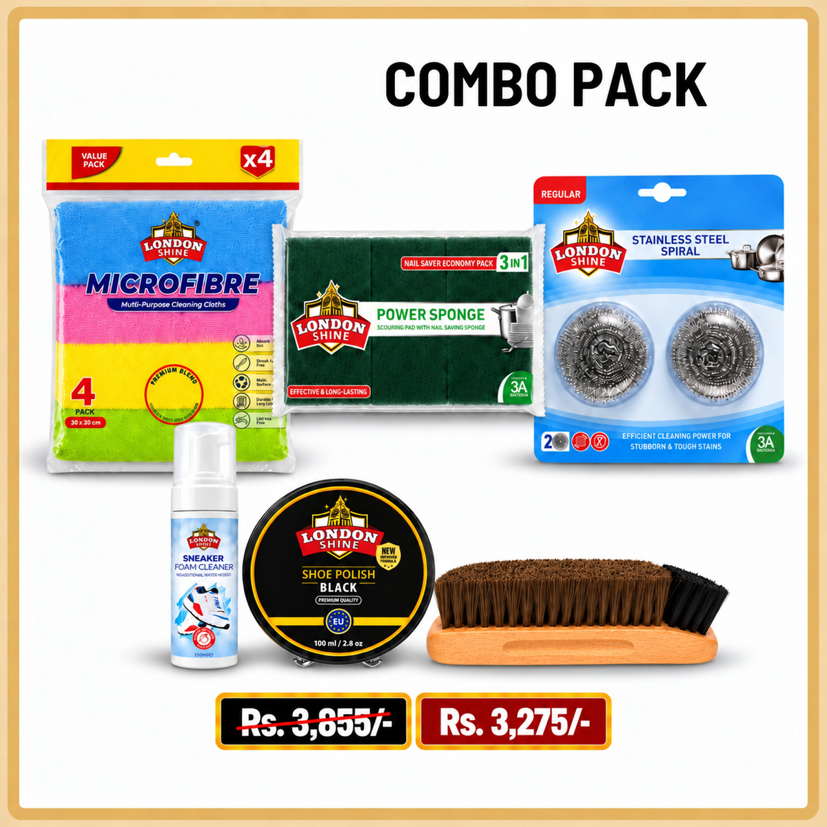 Combo Pack | Microfibre Cloth , Wax Shoe Polish (100ml) , Sneaker Foam Cleaner , Double Shoe Brush , Nail Saver Sponge (3 in 1) , Blister Card Regular Spiral