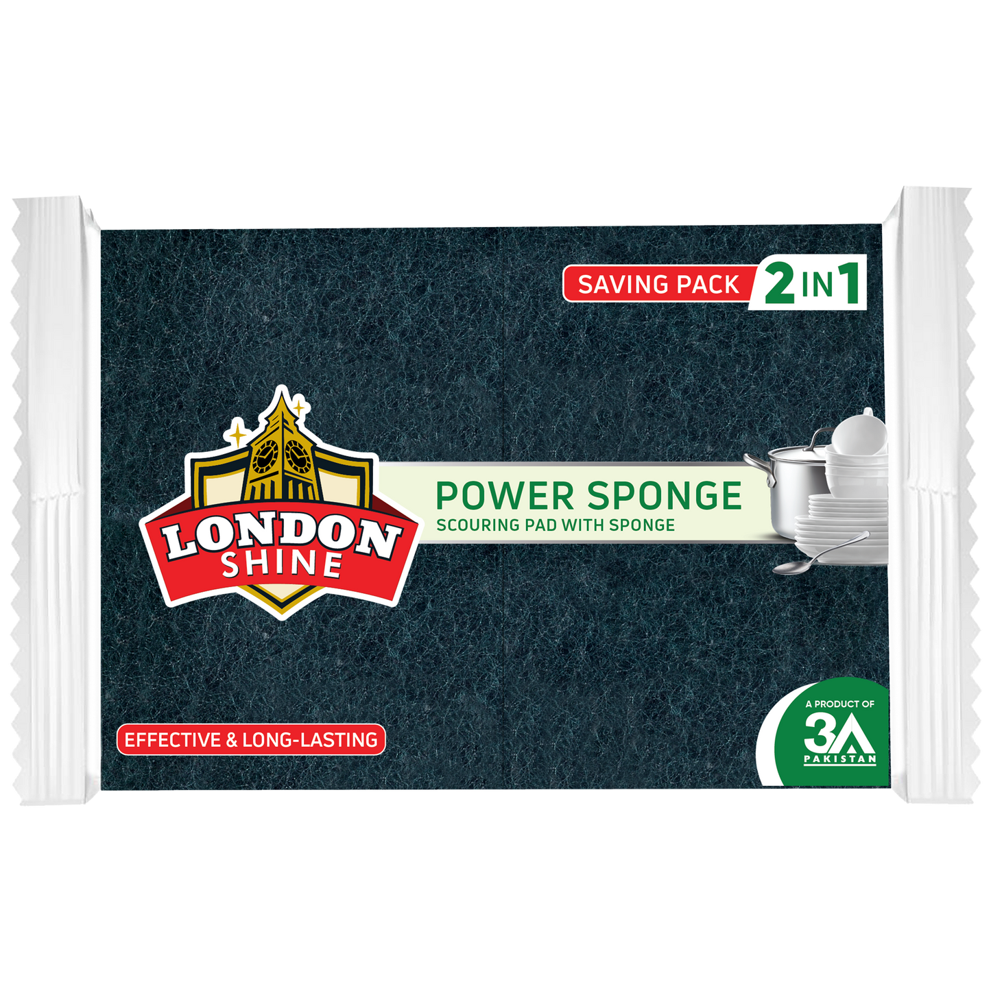 A pack of London Shine Power Sponge scouring pad with sponge, featuring a dark textured blue-green pad, white side flaps, and branding on a white background.