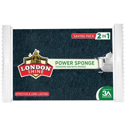 A pack of London Shine Power Sponge scouring pad with sponge, featuring a dark textured blue-green pad, white side flaps, and branding on a white background.